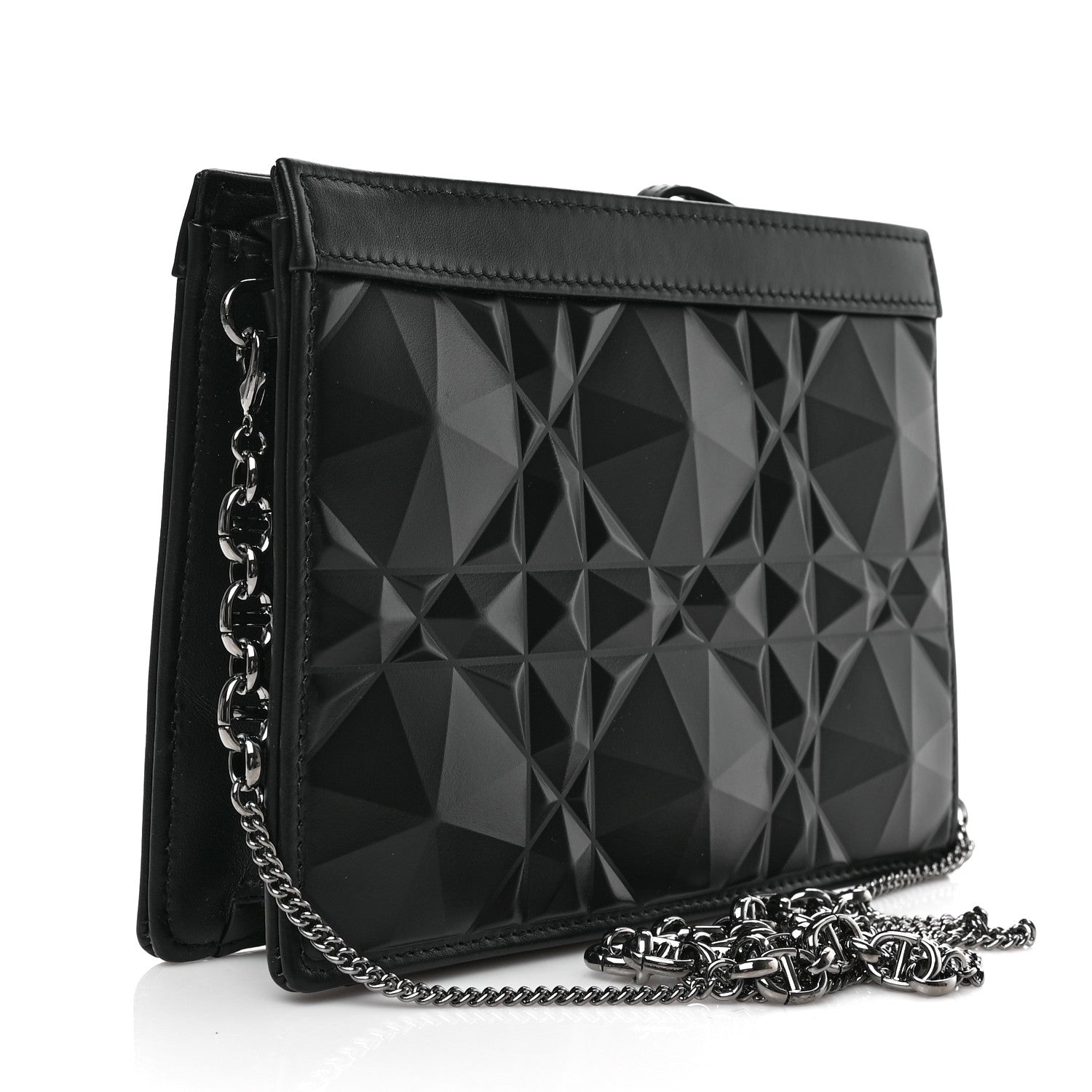 Christian Dior Calfskin Macrocannage Diamond Caro Zipped Pouch With Chain Black 3 of 9