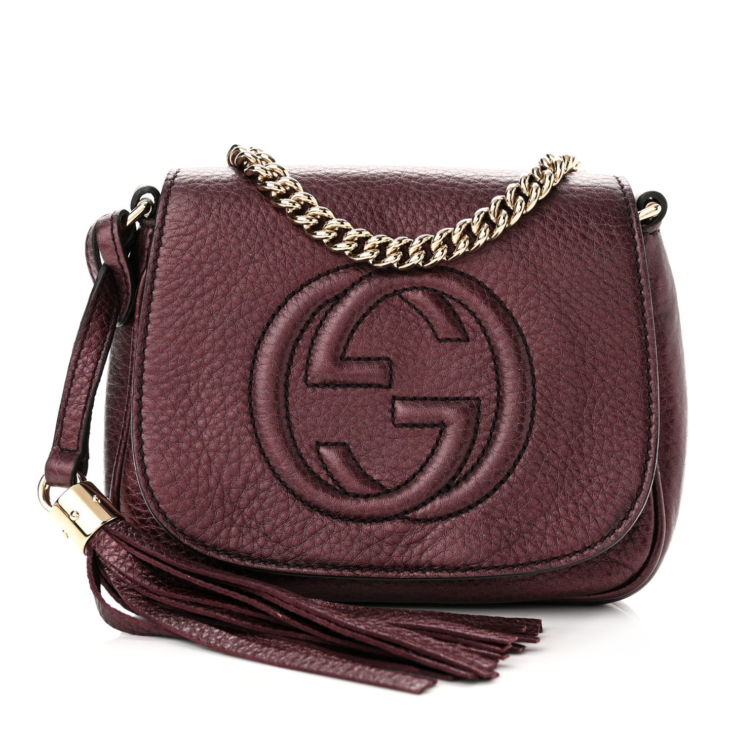 Metallic Pebbled Calfskin Small Soho Flap Crossbody Burgundy