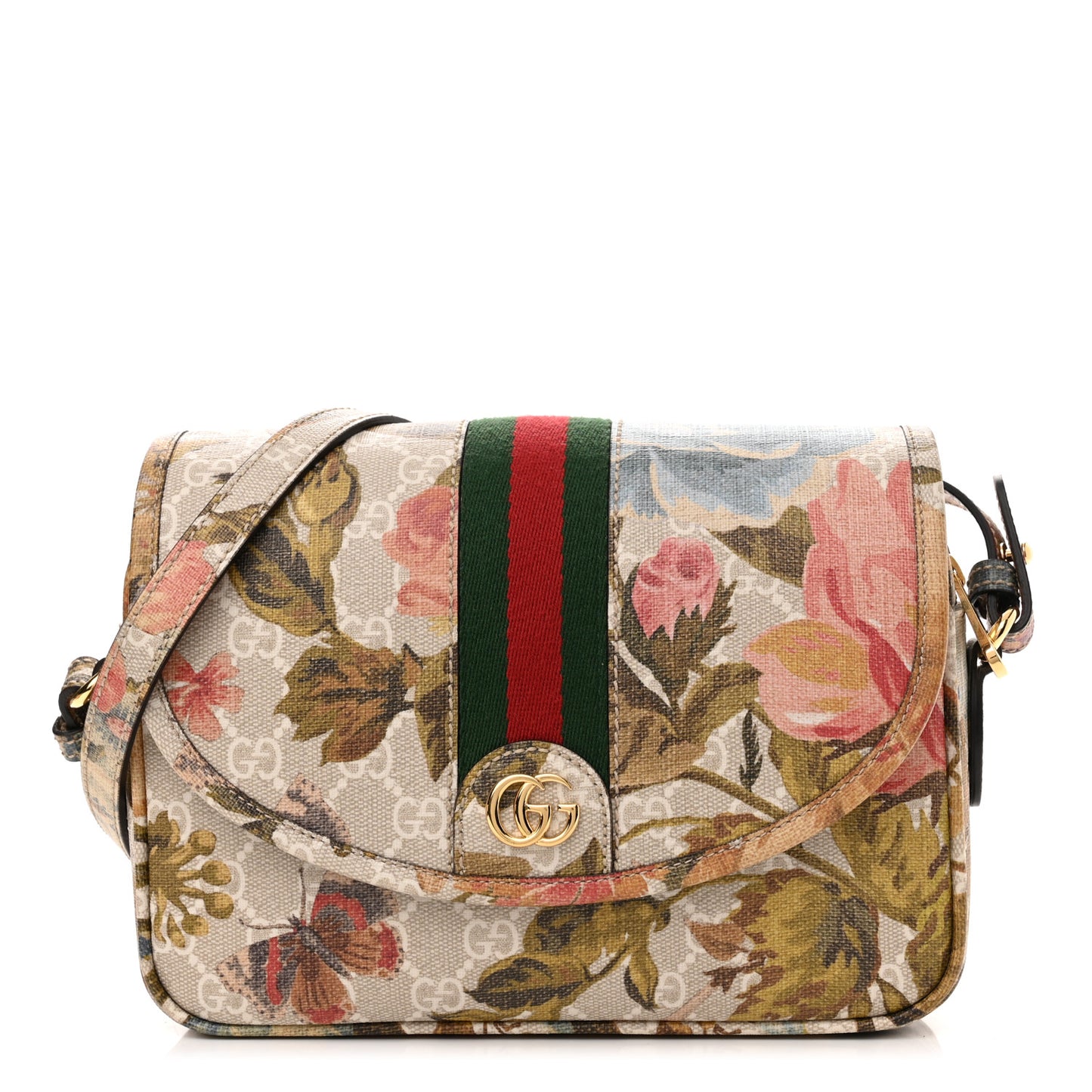 GG Supreme Monogram Water Flora Web Studded Mini Ophidia Flap Shoulder Bag Beige White Multicolor