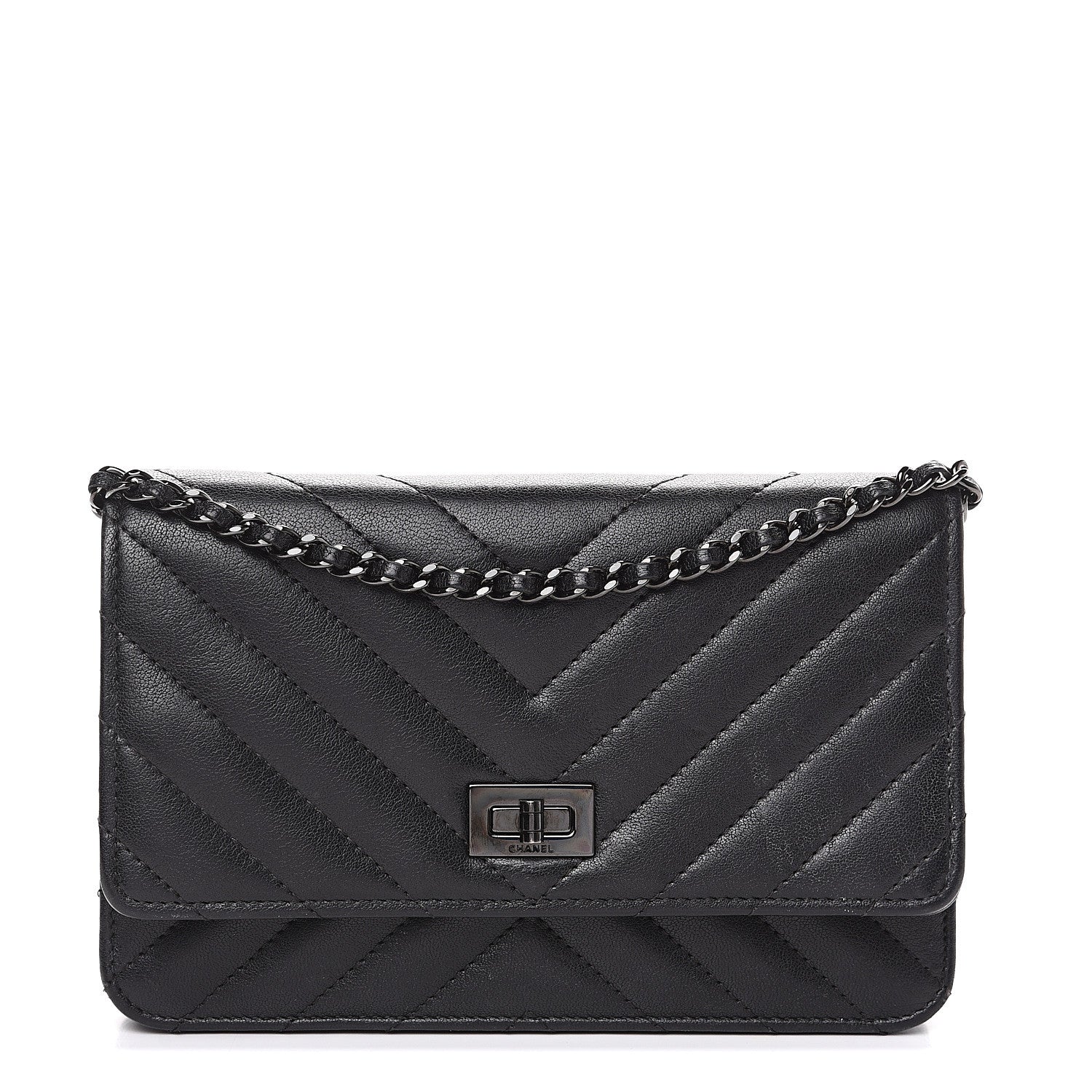 Chanel Sheepskin Chevron Quilted Reissue Wallet On Chain WOC So Black 1 of 13