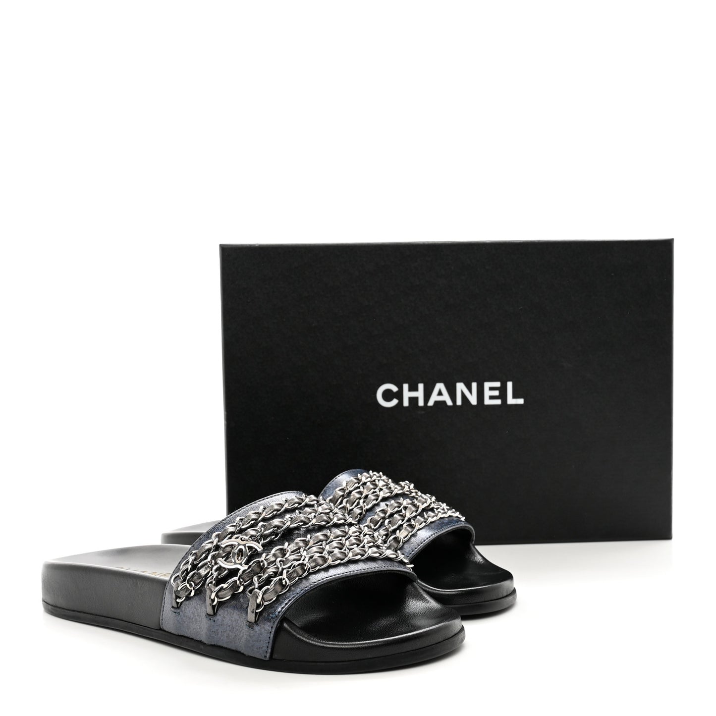 Fantasy Lambskin Chain Flat Sandals 36 Blue