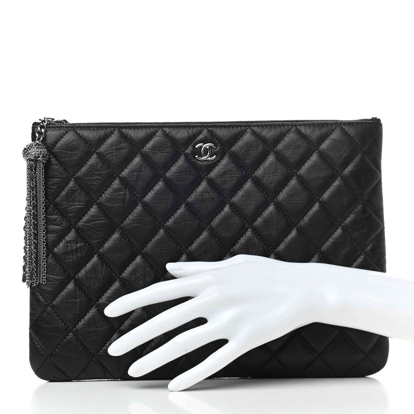 Aged Calfskin Quilted Medium Tassel Cosmetic Case Black