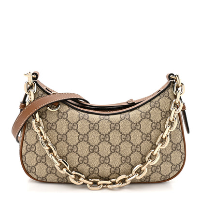 Gucci GG Supreme Monogram Textured Calfskin Small Emblem Shoulder Bag Beige Dark Brown 1 of 9