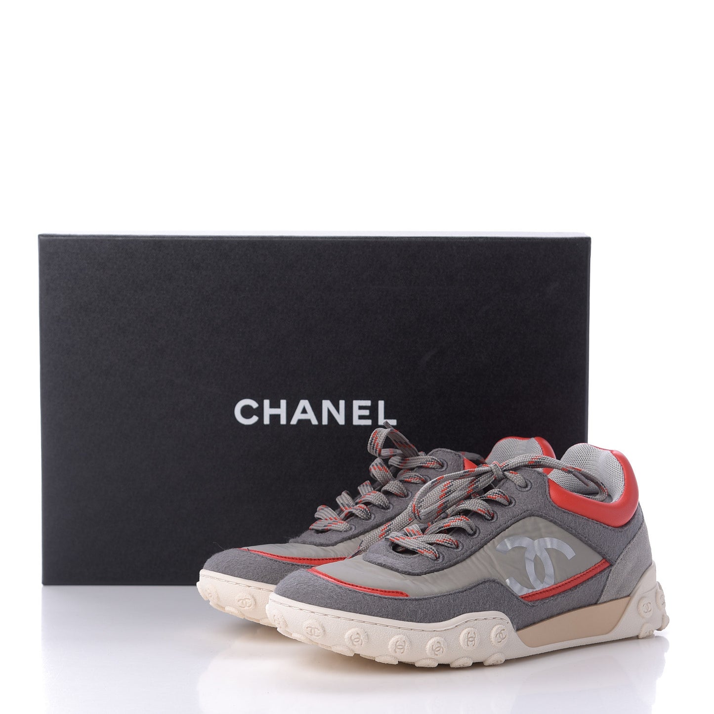 Nylon Calfskin Suede Womens CC Sneakers 36 Grey Red