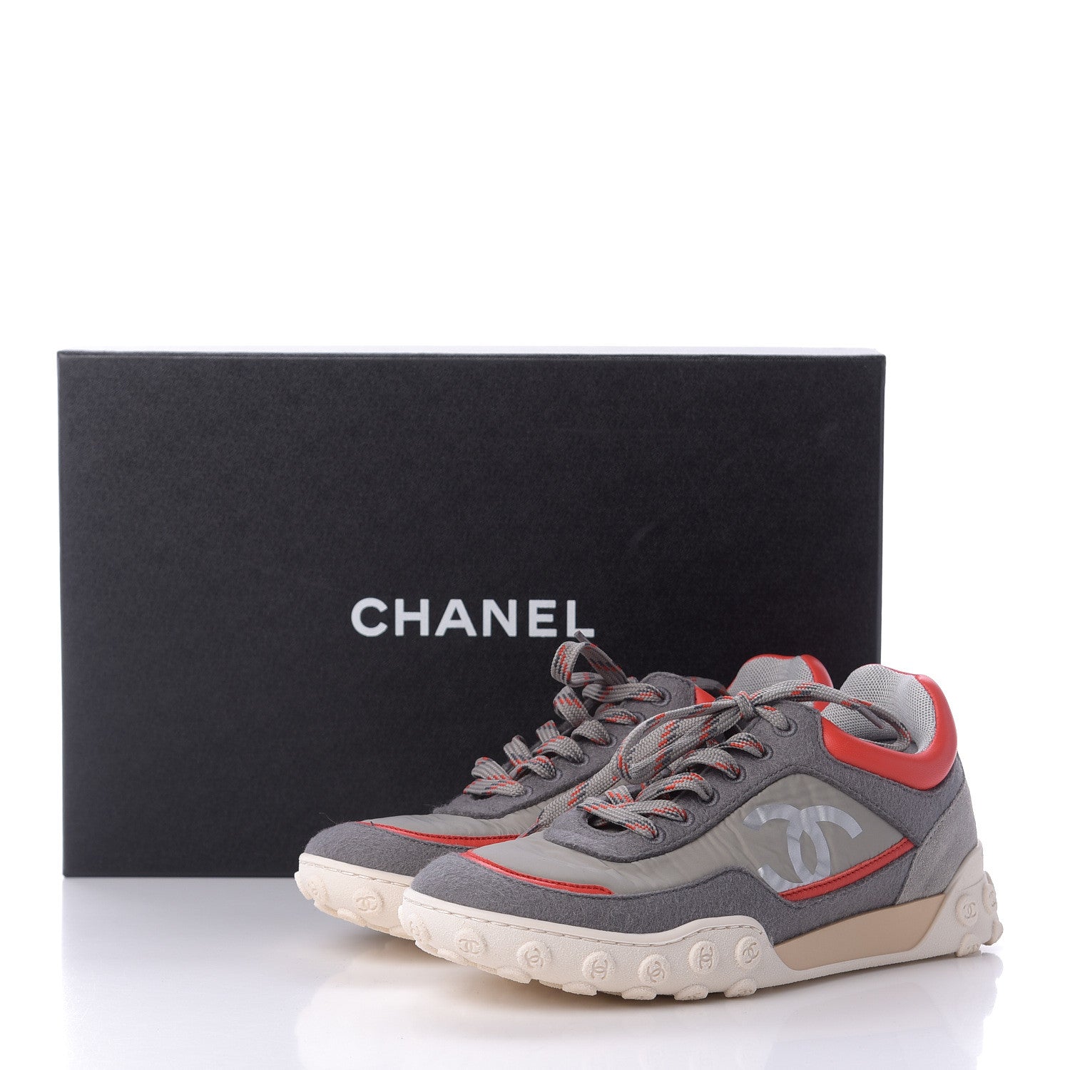 Chanel Nylon Calfskin Suede Womens CC Sneakers 36 Grey Red 10 of 10