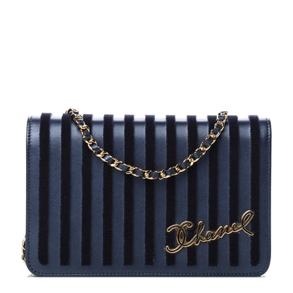 Chanel Iridescent Calfskin Velvet Stripe Wallet On Chain WOC Blue 1 of 4