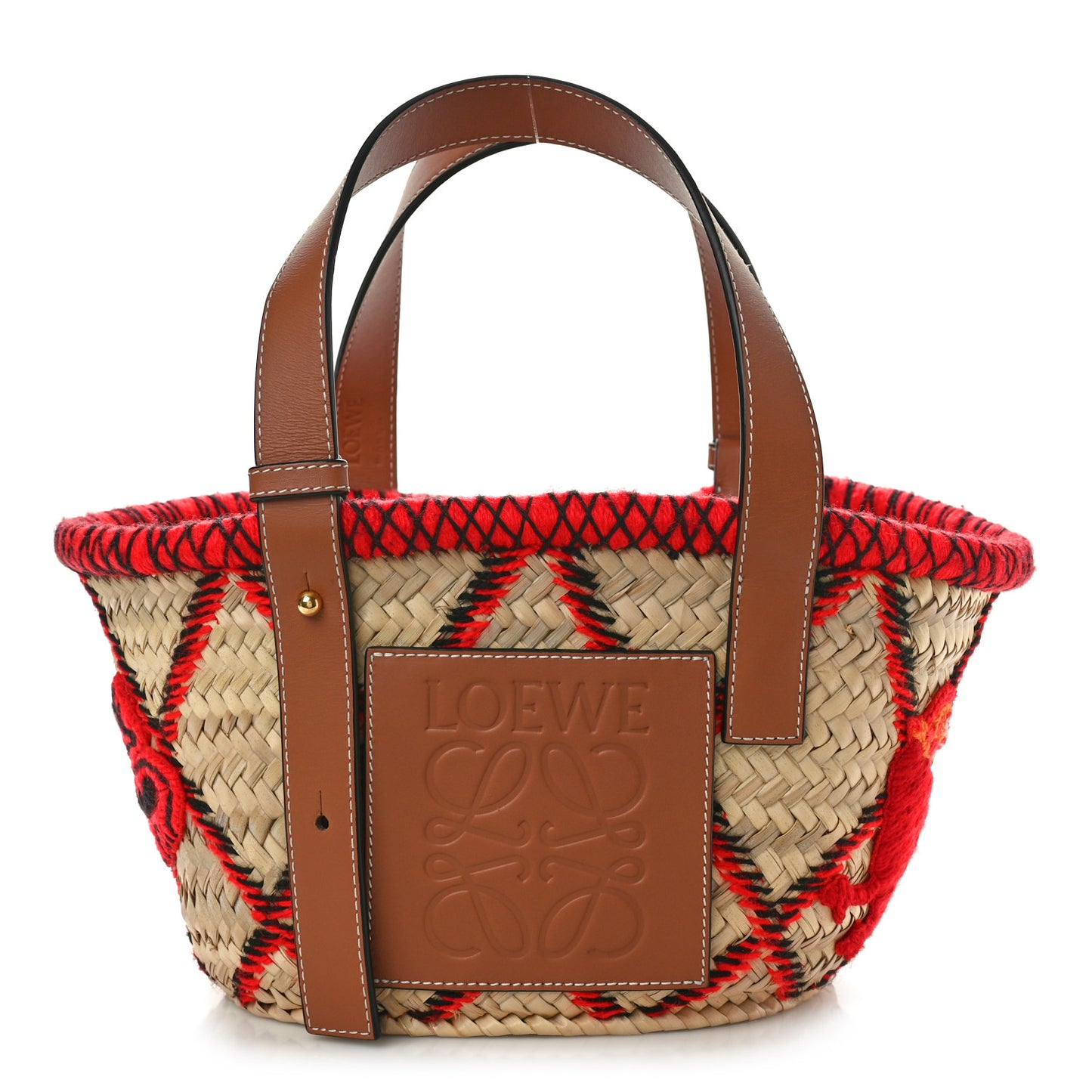 Embroidered Raffia Basket Tote Bag Natural Tan Red