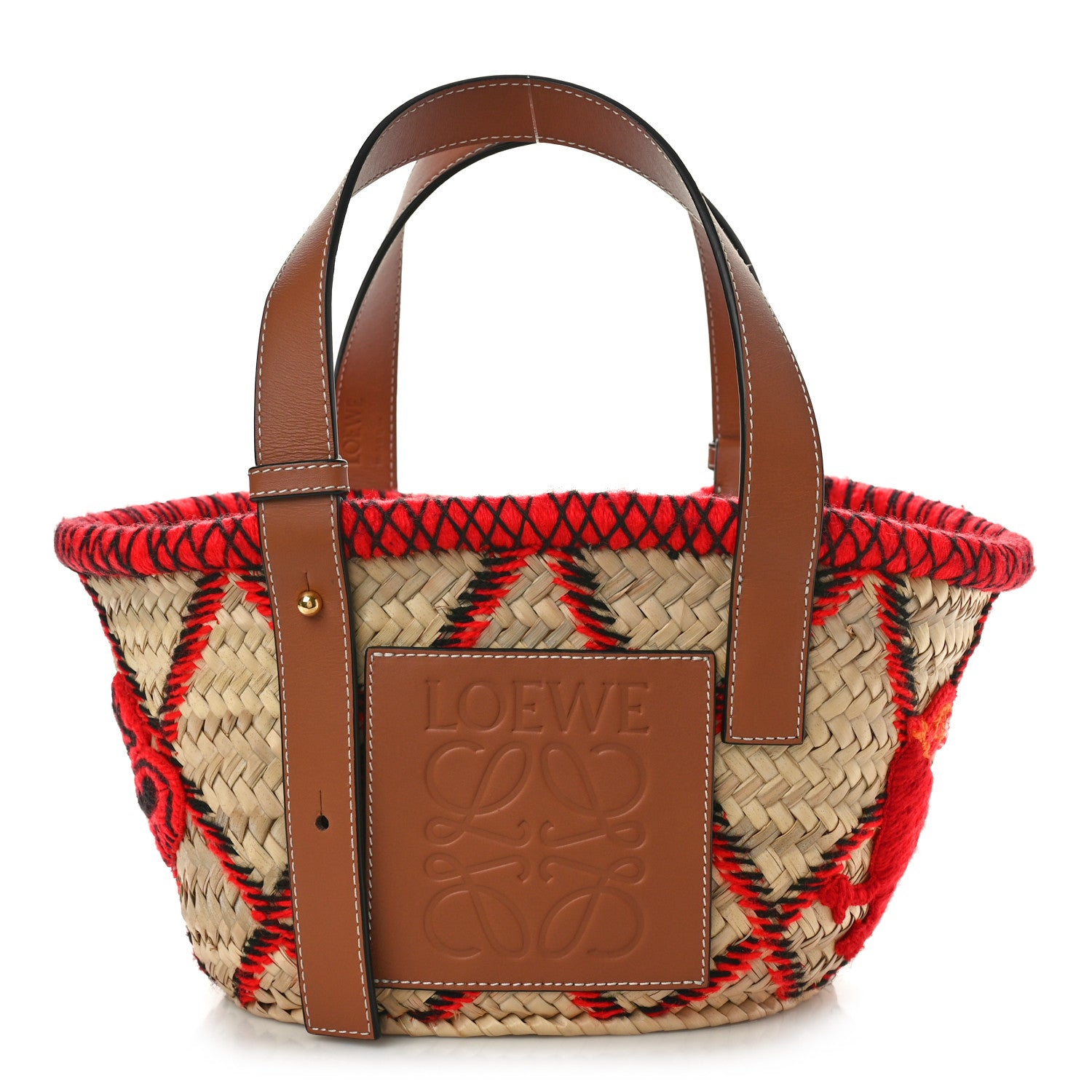 Loewe Embroidered Raffia Basket Tote Bag Natural Tan Red 1 of 9