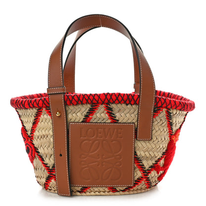 Loewe Embroidered Raffia Basket Tote Bag Natural Tan Red 1 of 9