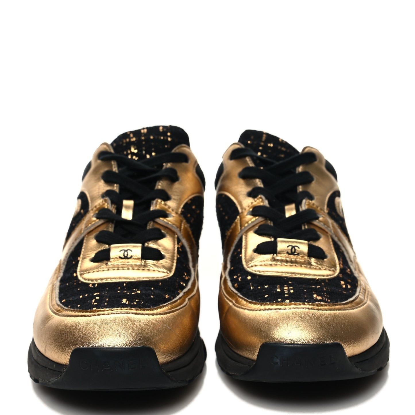 Satin Lambskin Fabric Tweed CC Sneakers 38.5 Gold Black