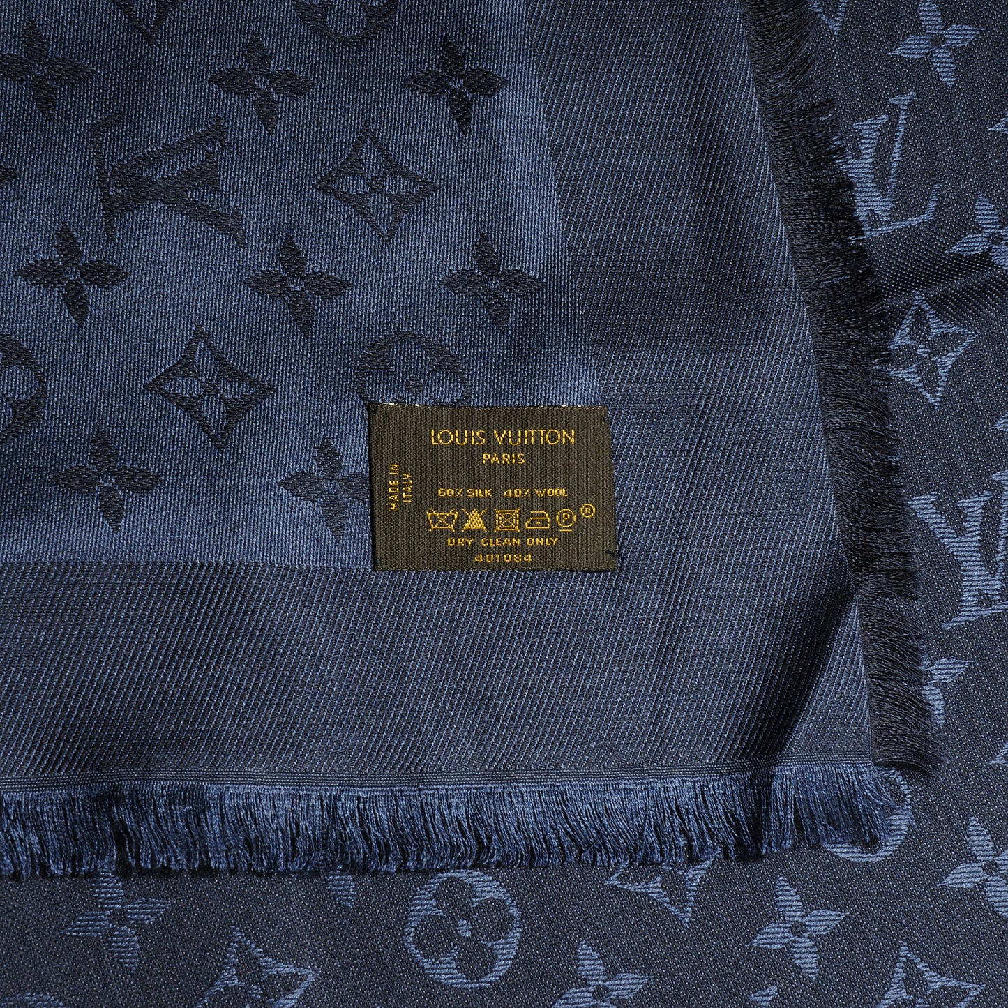 Wool Silk Monogram Shawl Night Blue