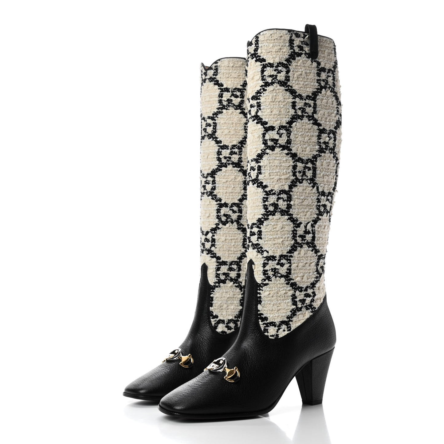 Tweed GG Monogram Wrinkled Kid Zumi Knee Boots 37.5 Natural Black