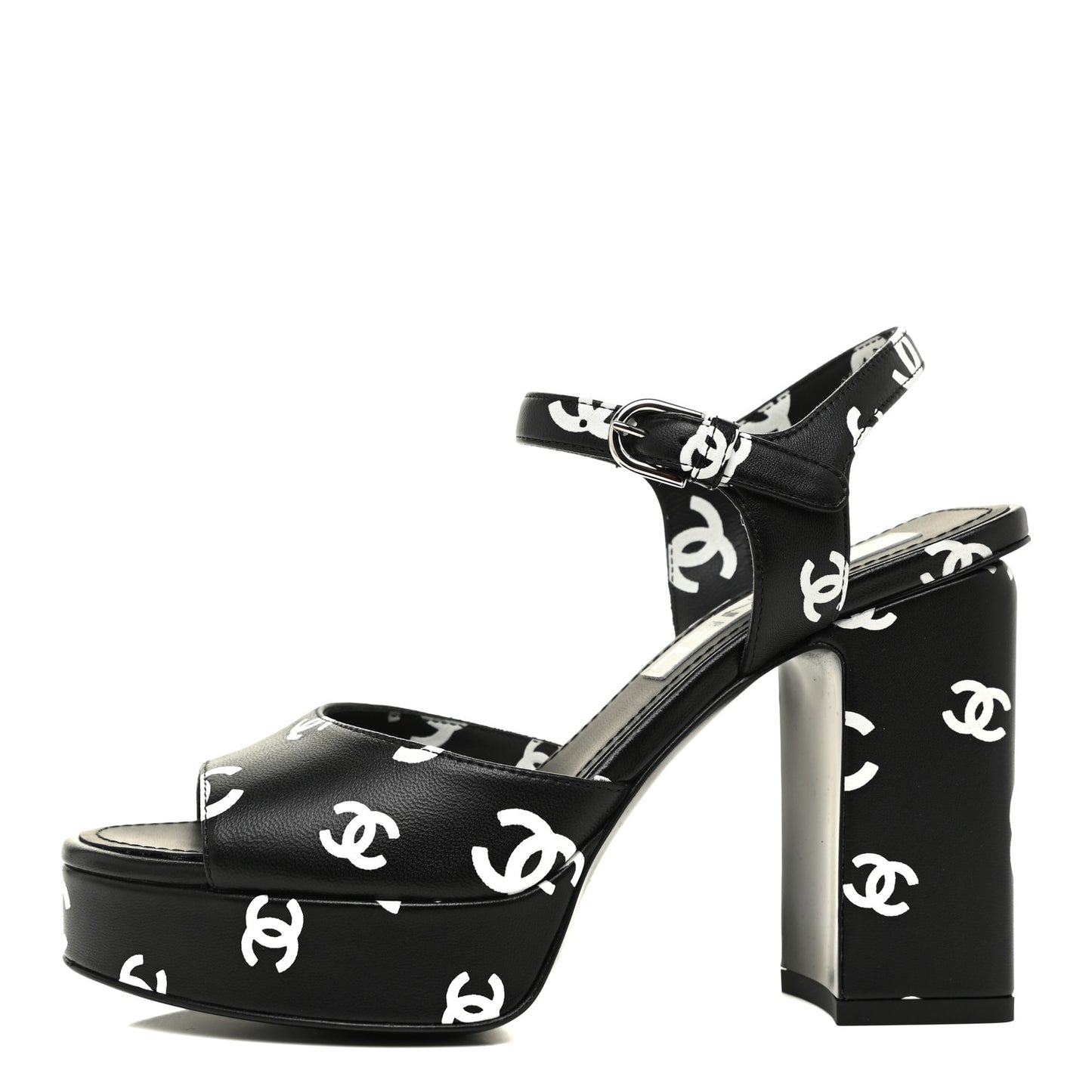 Printed Lambskin CC Platform Sandals 35 Black White