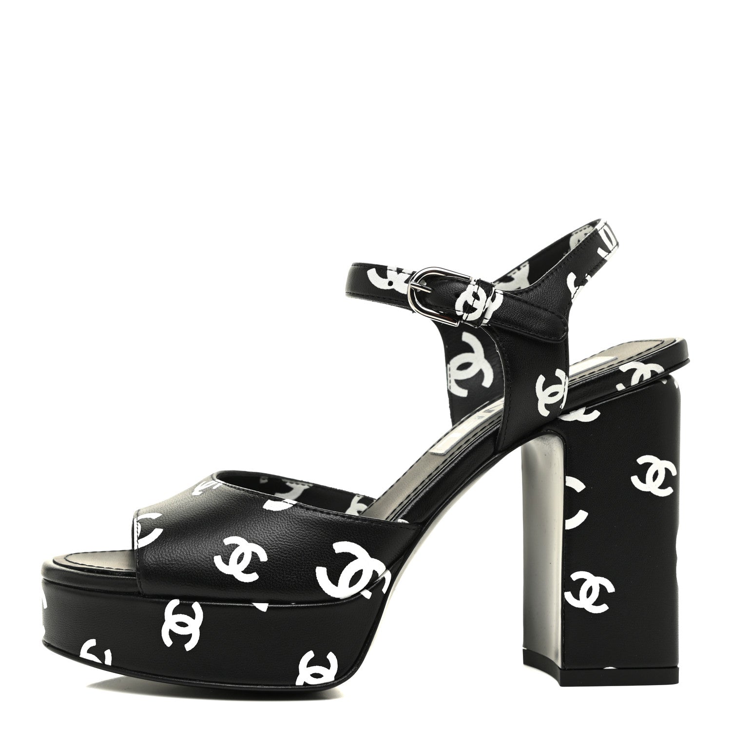 Chanel Printed Lambskin CC Platform Sandals 35 Black White 1 of 9