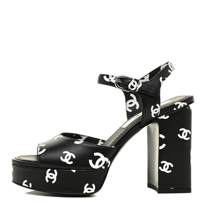 Chanel Printed Lambskin CC Platform Sandals 35 Black White 1 of 9