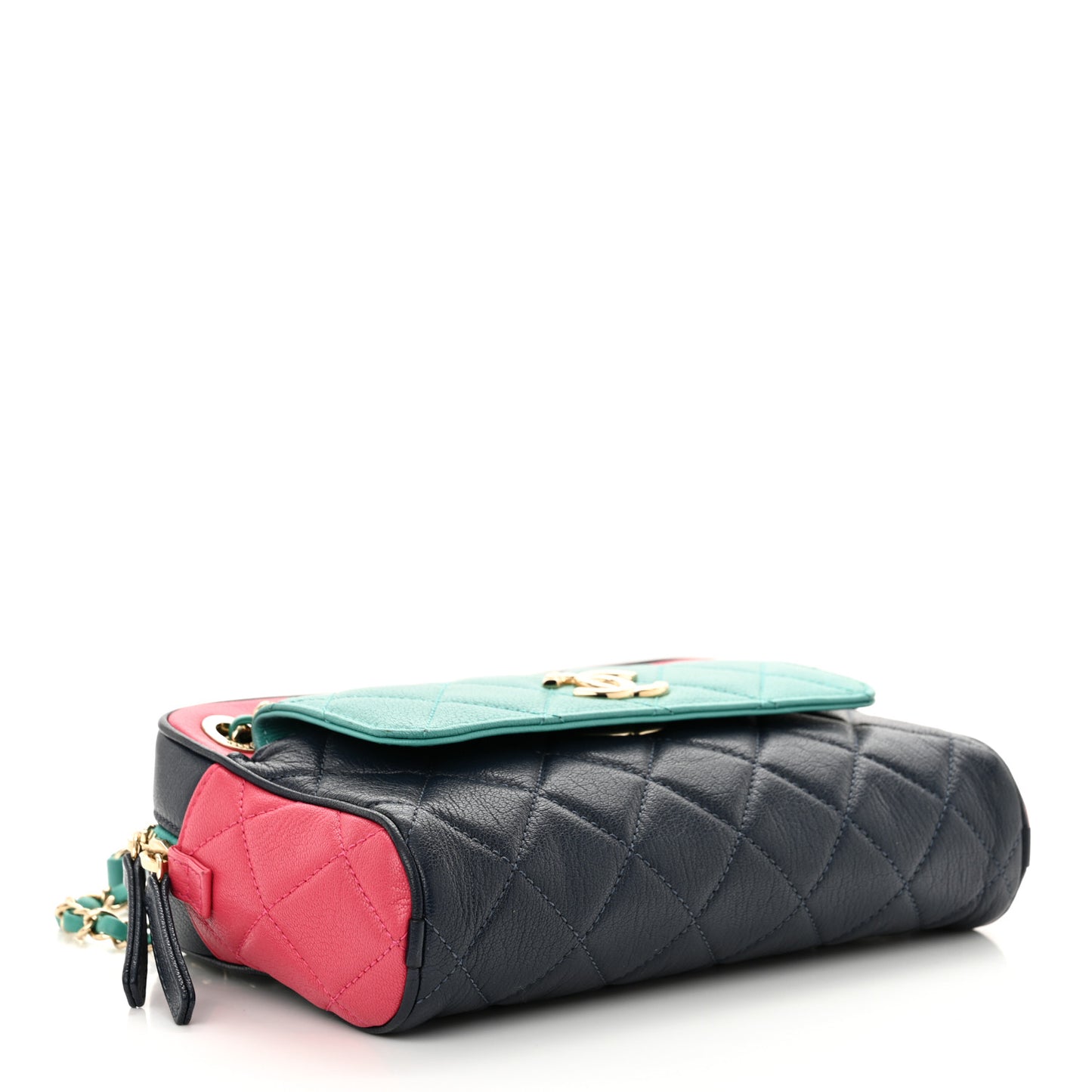 Goatskin Quilted Tri-Color Small In & Out Camera Case Navy Turquoise Pink
