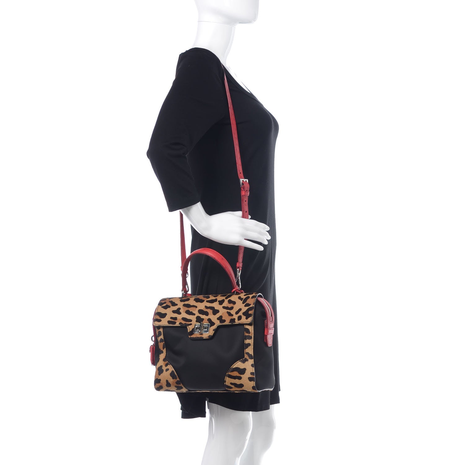 Prada Tessuto Cavallino Ostrich Leopard Print Tote Black Miele Rosso 2 of 9