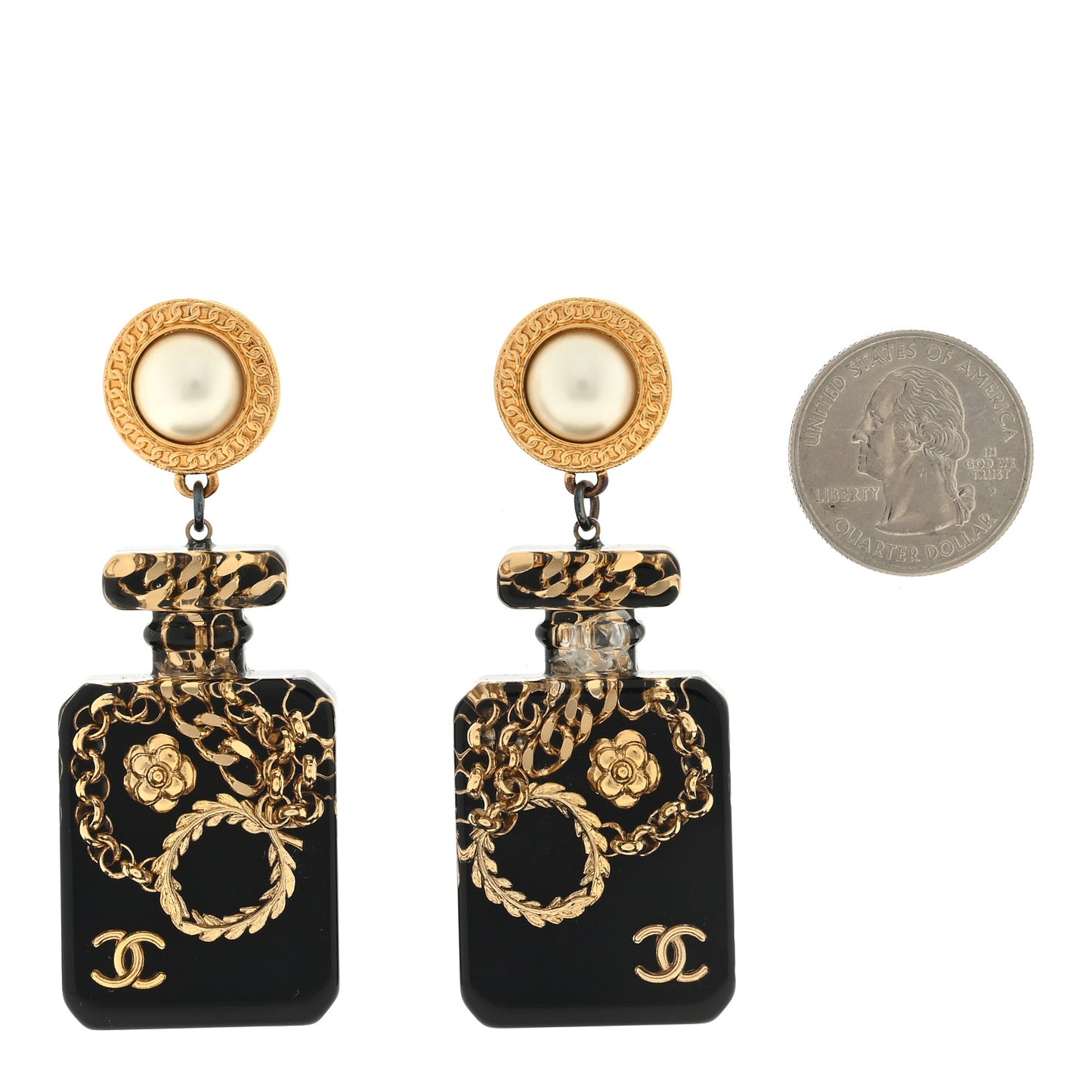 Pearl CC Perfume Bottle Drop Earrings Black Gold