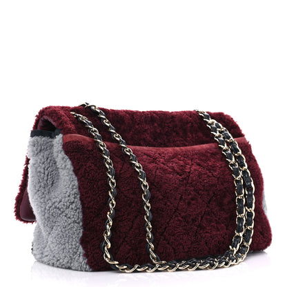 Chanel Shearling Sheepskin Quilted Tri-Color Flap Burgundy Black Grey 3 of 13