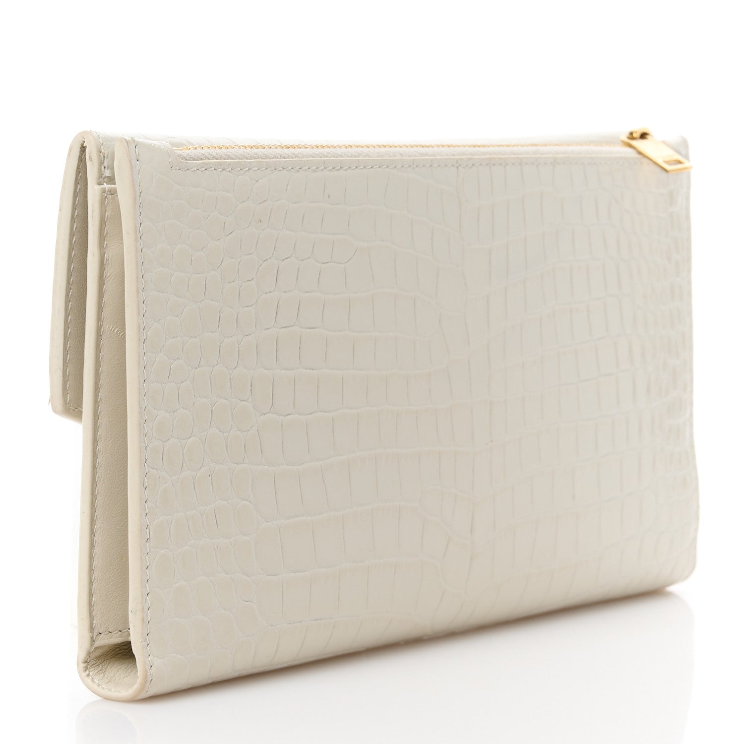 Saint Laurent Calfskin Crocodile Embossed Monogram Uptown Wallet Crema Soft 3 of 15