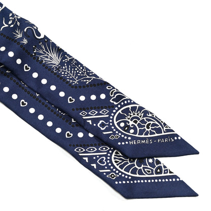 Hermes Silk Peuple Du Vent Bandana Twilly Marine White Black 4 of 10
