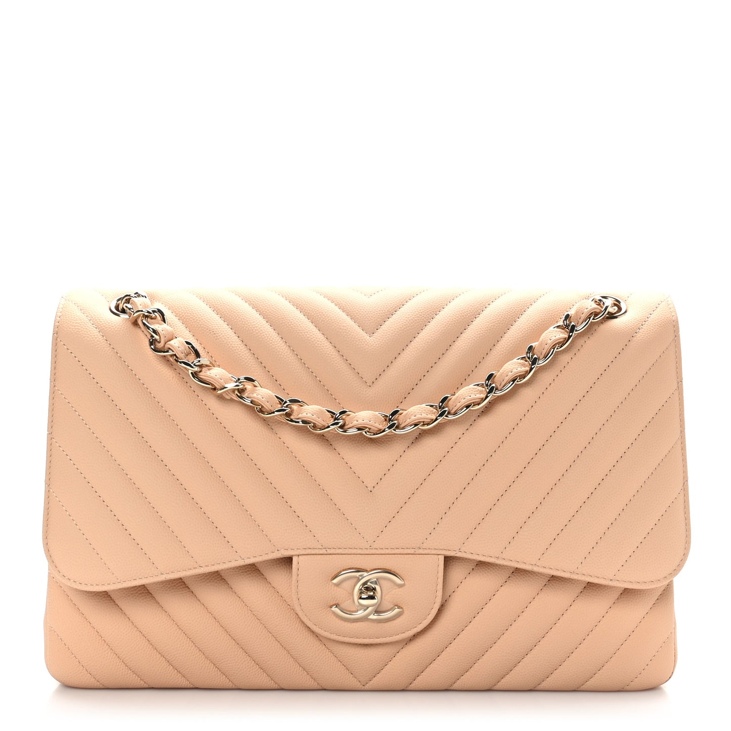 Caviar Chevron Quilted Jumbo Double Flap Beige