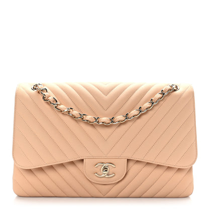 Chanel Caviar Chevron Quilted Jumbo Double Flap Beige 1 of 9