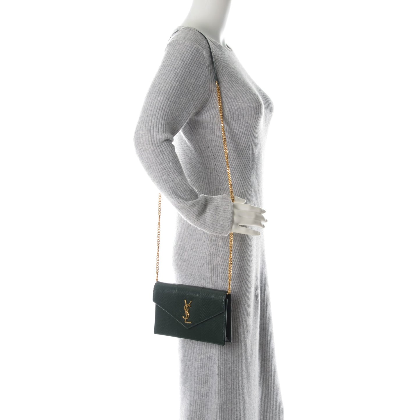 Snakeskin Monogram Envelope Chain Wallet Dark Green
