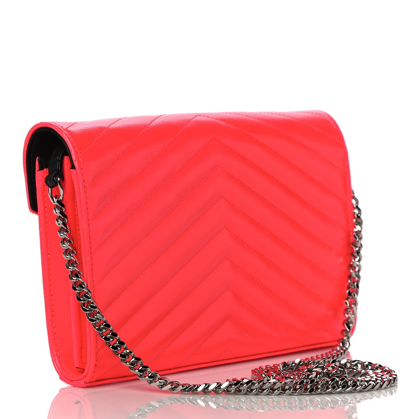 Patent Grain De Poudre Matelasse Chevron Monogram Chain Wallet Neon Pink