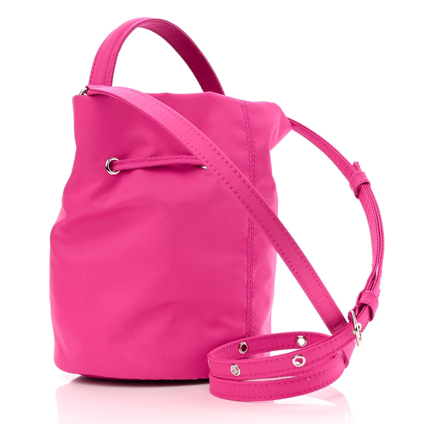 Recycled Sport Nylon Logo Embroidered Wheel Drawstring Bucket Bag Fluo Pink Black