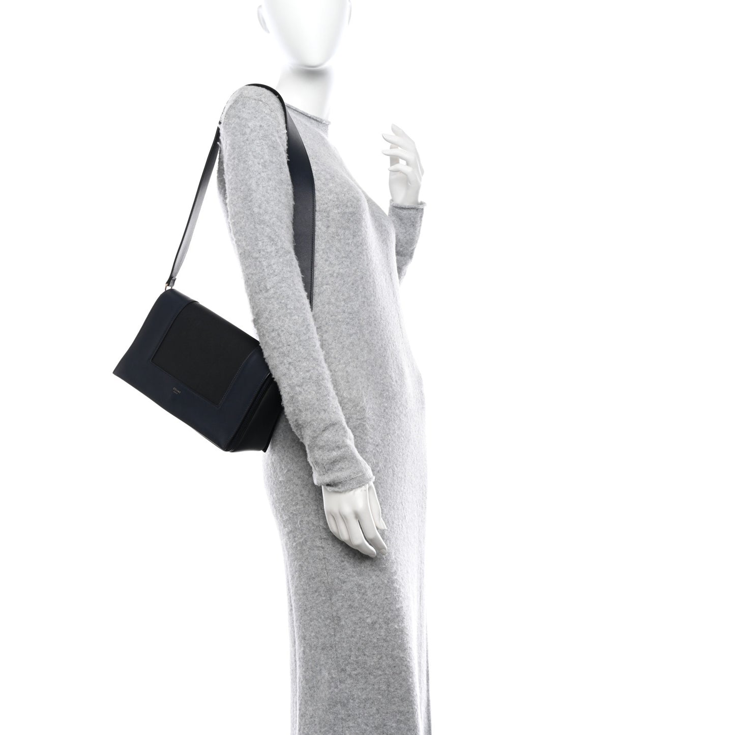 Shiny Smooth Calfskin Medium Frame Shoulder Bag Black Navy