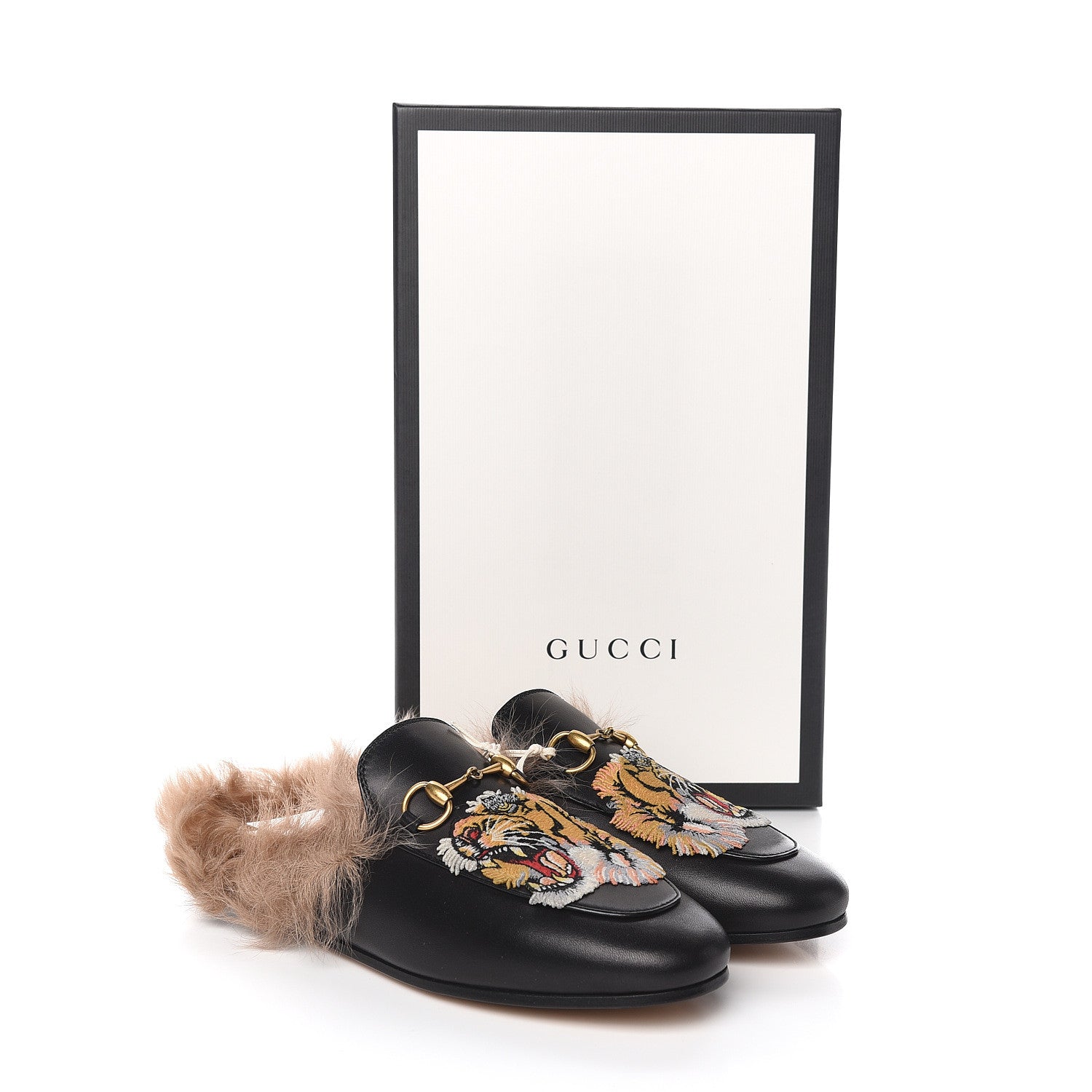 Gucci Calfskin Lambswool Tiger Embroidered Womens Princetown Slippers 36 Black 8 of 8