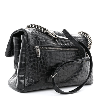 Saint Laurent Calfskin Crocodile Embossed Medium West Hollywood Monogram Fold-Over Black 3 of 10