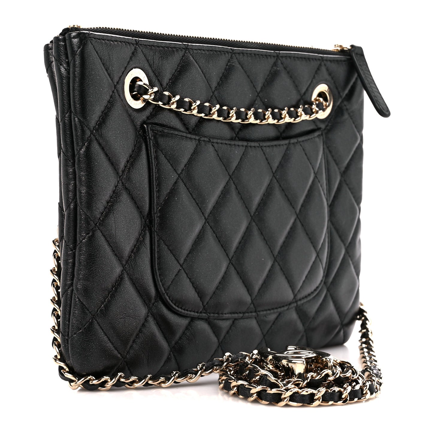 Shiny Lambskin Quilted Medium Double Case With Strap Black