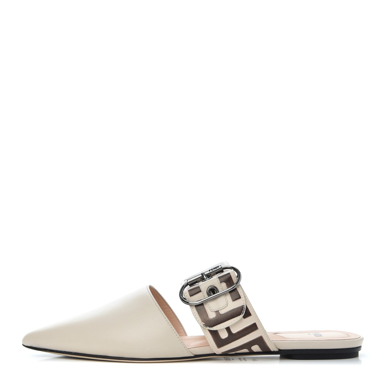 Fendi Vitello FF Embossed Buckle Flat Mules 38 Camelia Moresco 1 of 11