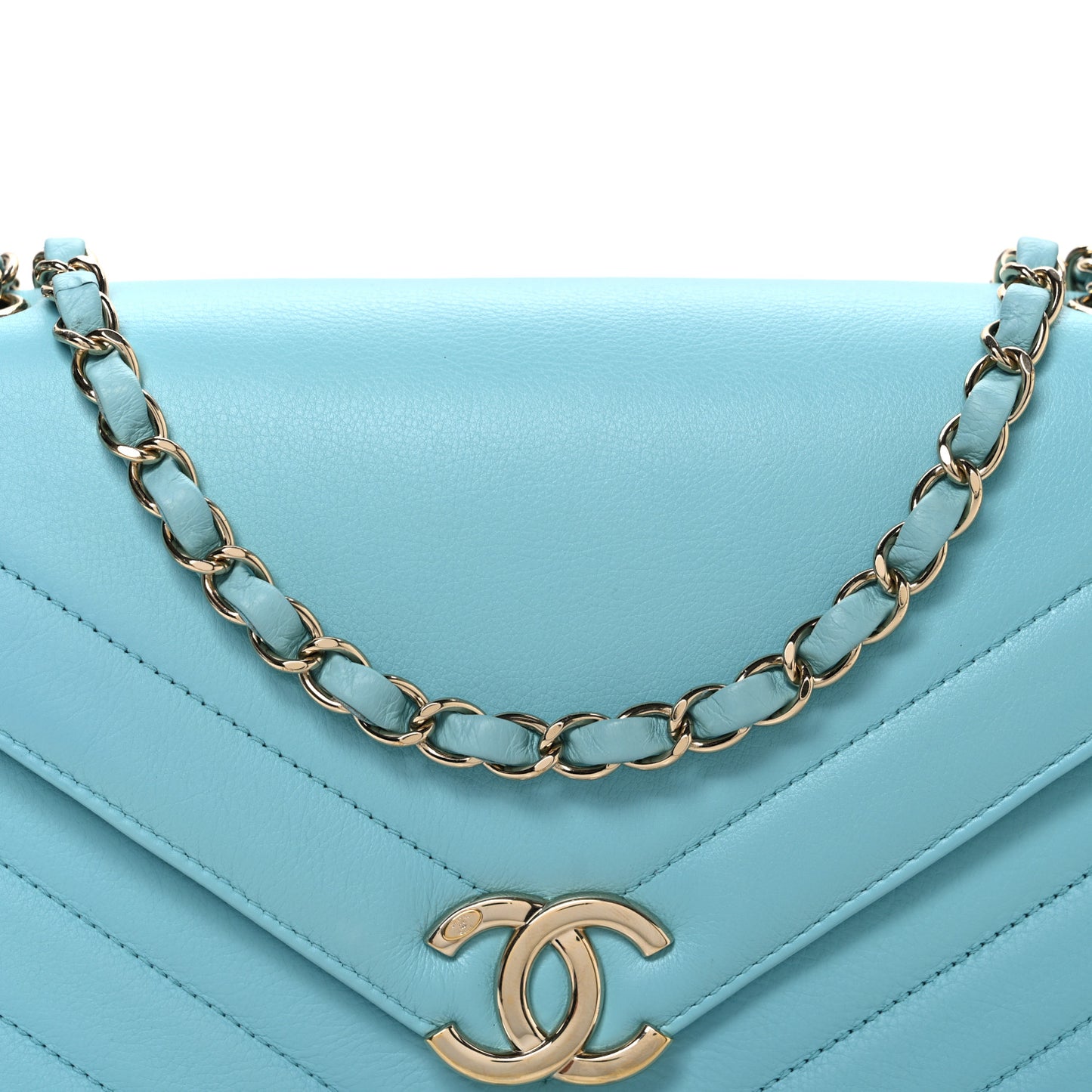 Calfskin Quilted Chevron Envelope Flap Turquoise