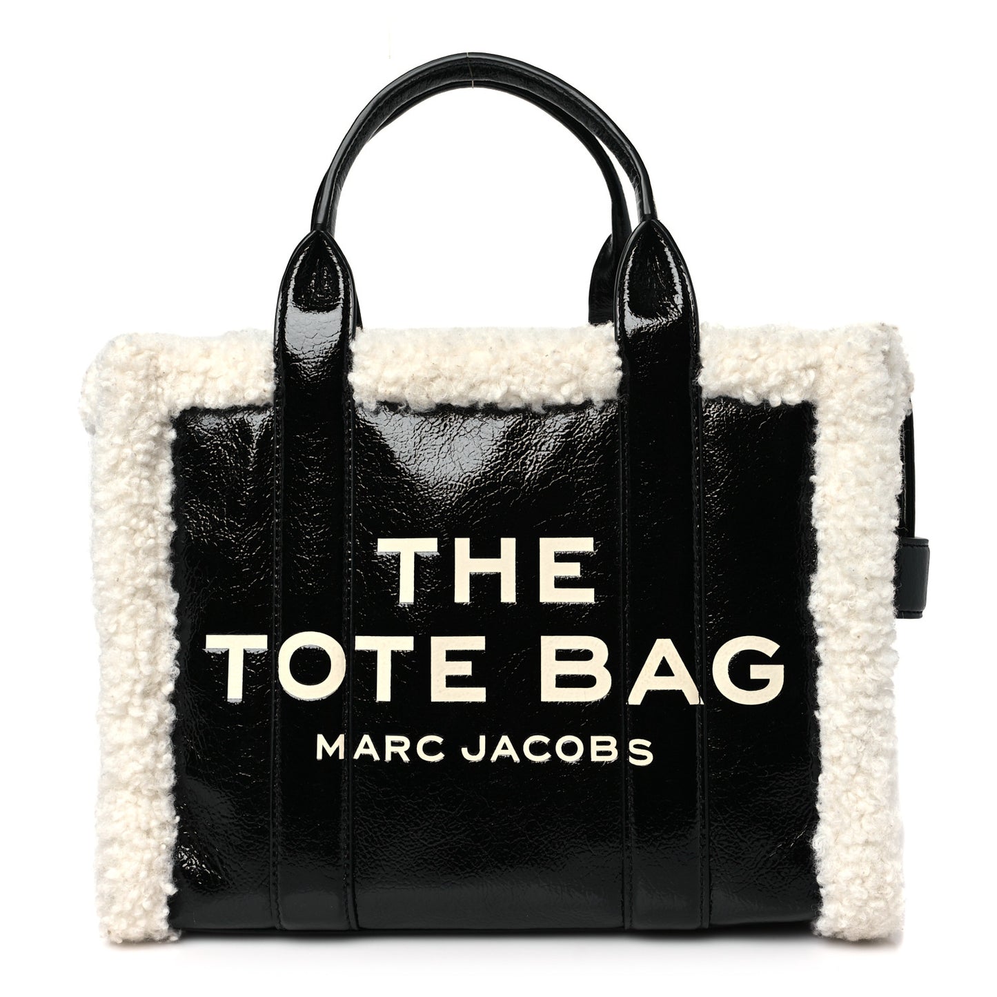 Shiny Calfskin Faux Shearling Small The Traveler Tote Bag Black