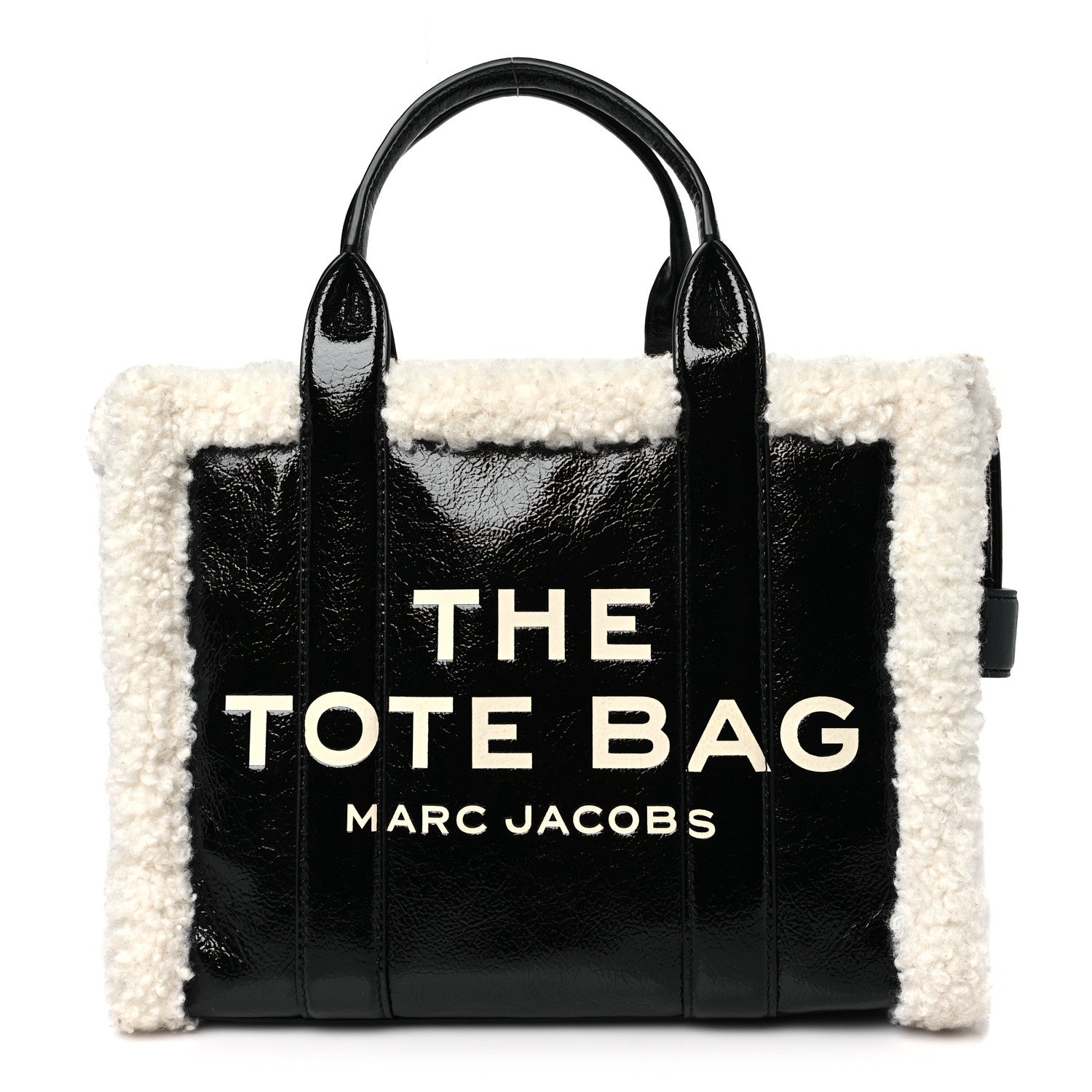 Marc Jacobs Shiny Calfskin Faux Shearling Small The Traveler Tote Bag Black 1 of 10