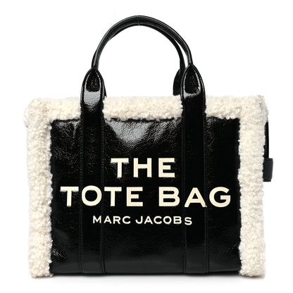 Marc Jacobs Shiny Calfskin Faux Shearling Small The Traveler Tote Bag Black 1 of 10