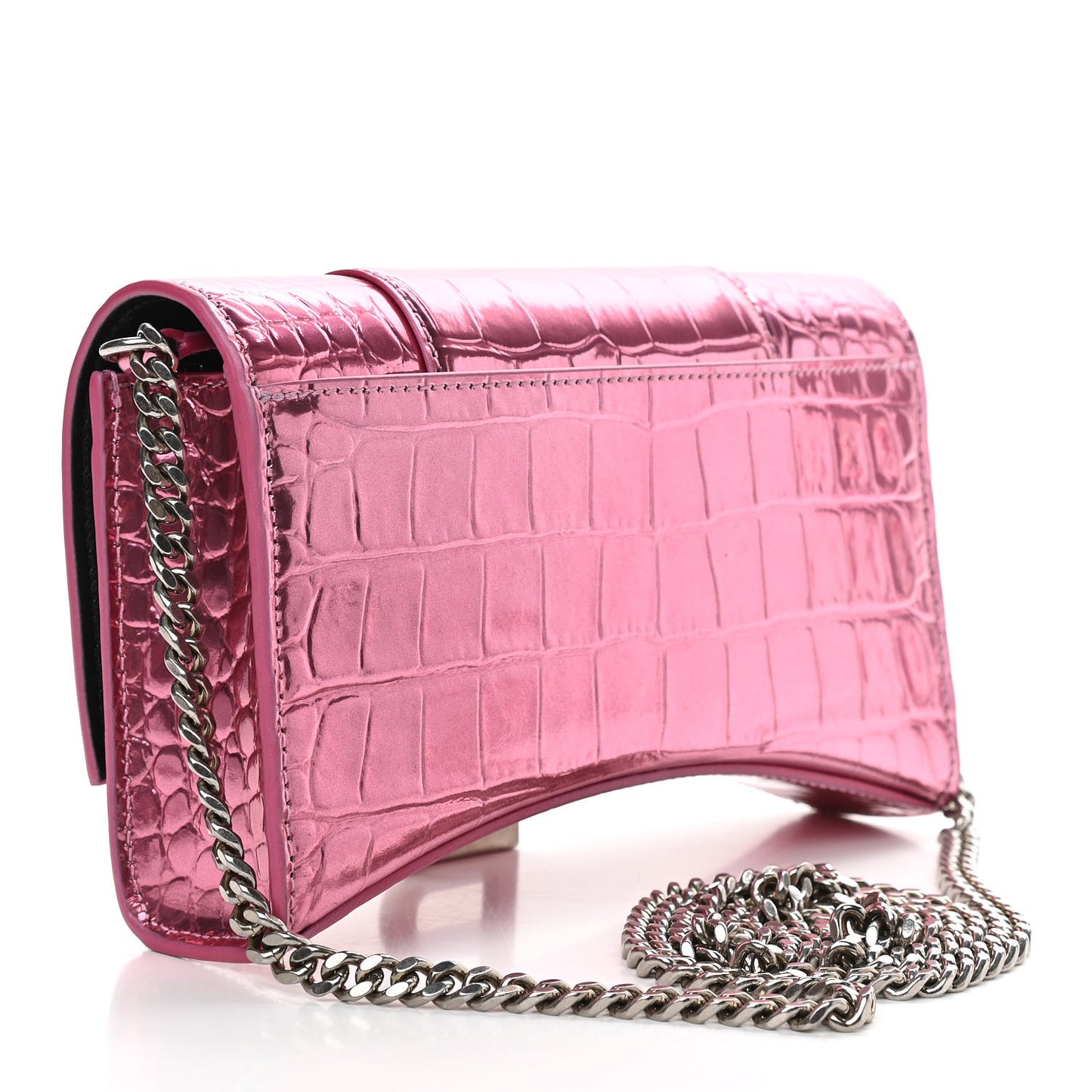 Metallic Shiny Calfskin Crocodile Embossed Hourglass Chain Bag Pink