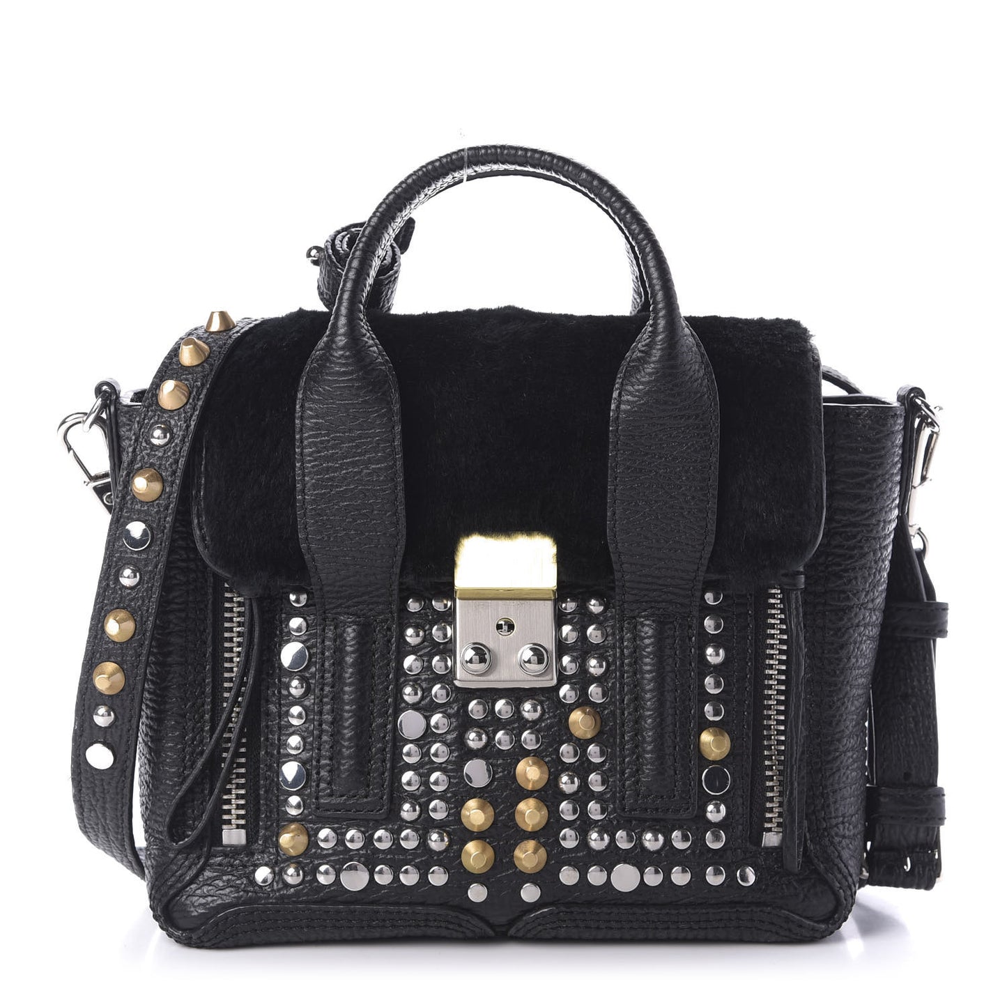 3.1 Textured Calfskin Shearling Studded Mini Pashli Satchel Black