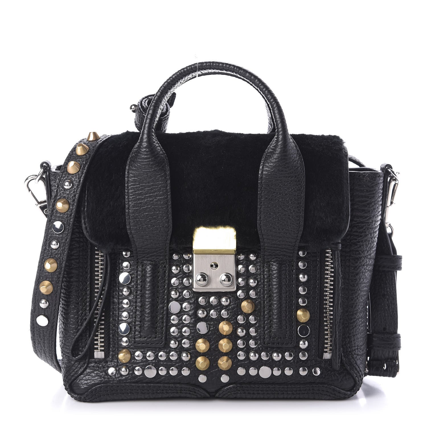 3.1 Phillip Lim 3.1 Textured Calfskin Shearling Studded Mini Pashli Satchel Black 1 of 8