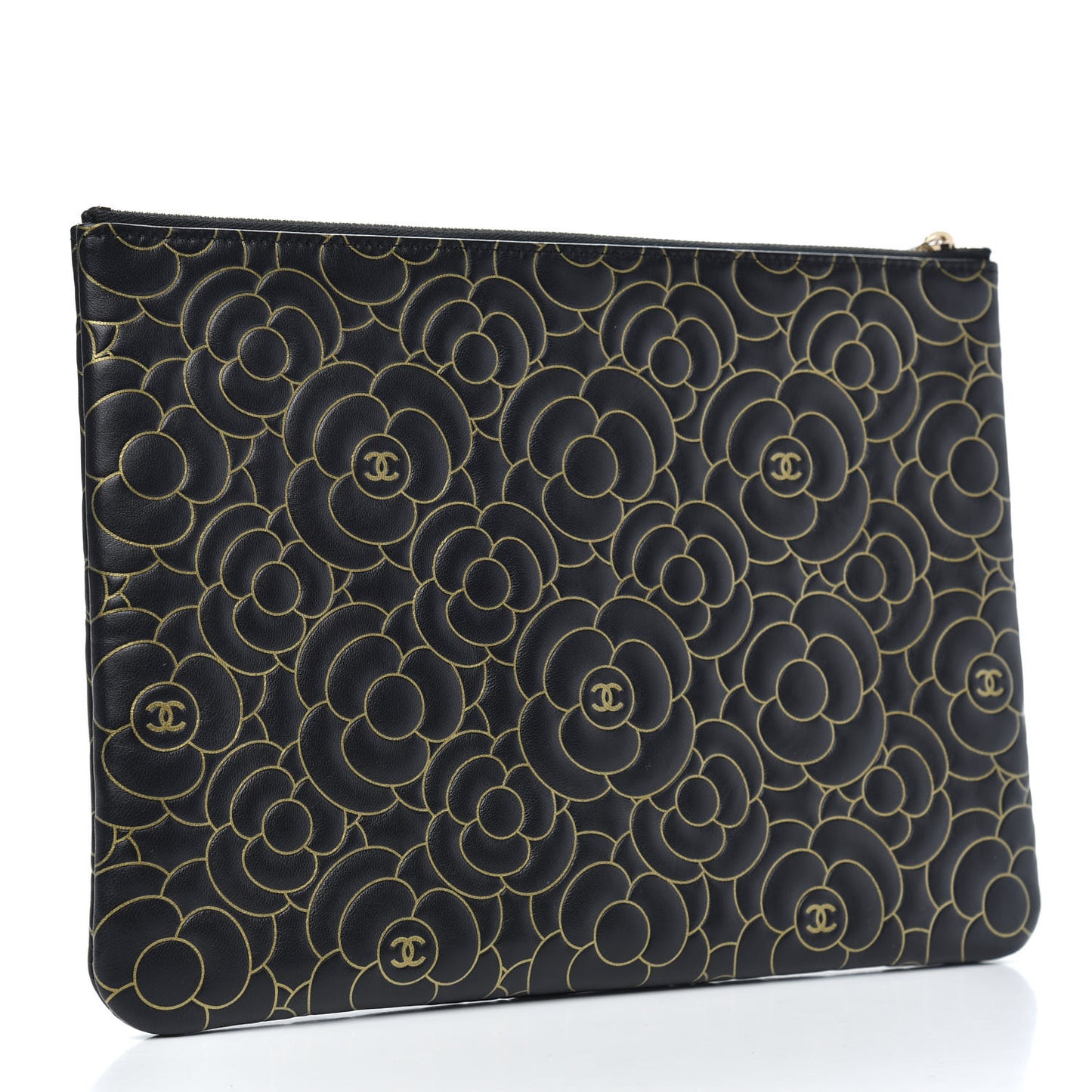 Lambskin Camellia Embossed Medium Cosmetic Case Black Gold