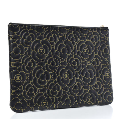 Chanel Lambskin Camellia Embossed Medium Cosmetic Case Black Gold 3 of 7
