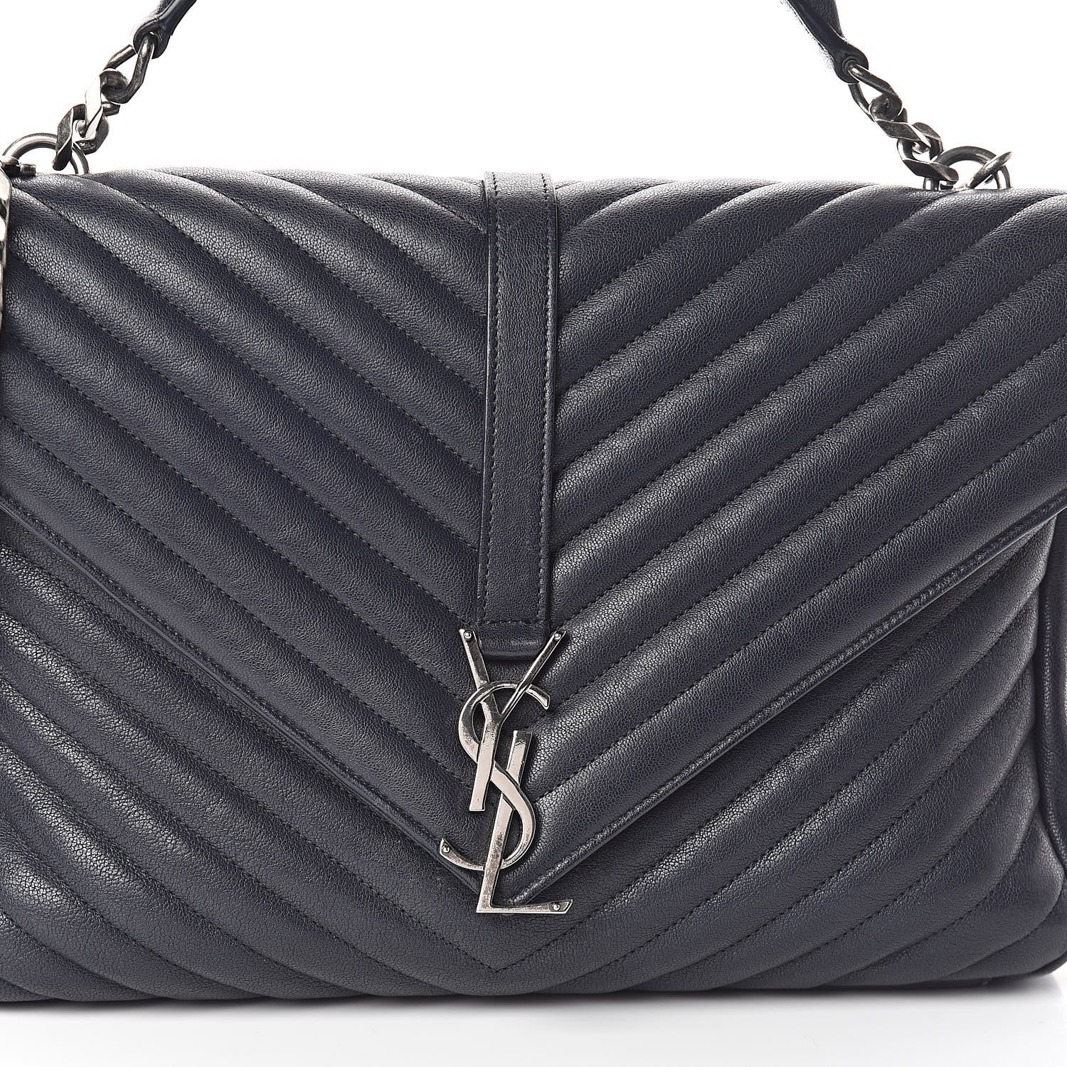 Saint Laurent Sheepskin Matelasse Chevron Monogram Large College Satchel Deep Marine 11 of 13
