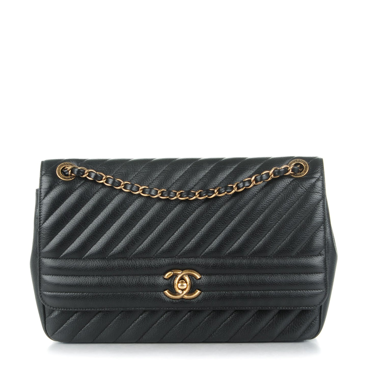 Shiny Goatskin Diagonal Quilted Medium Flap Black
