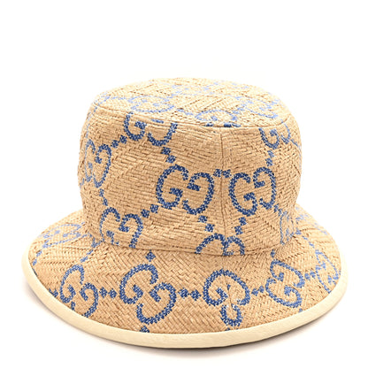 Gucci Raffia GG Monogram Embroidered Fedora Hat M Beige Blue 5 of 9