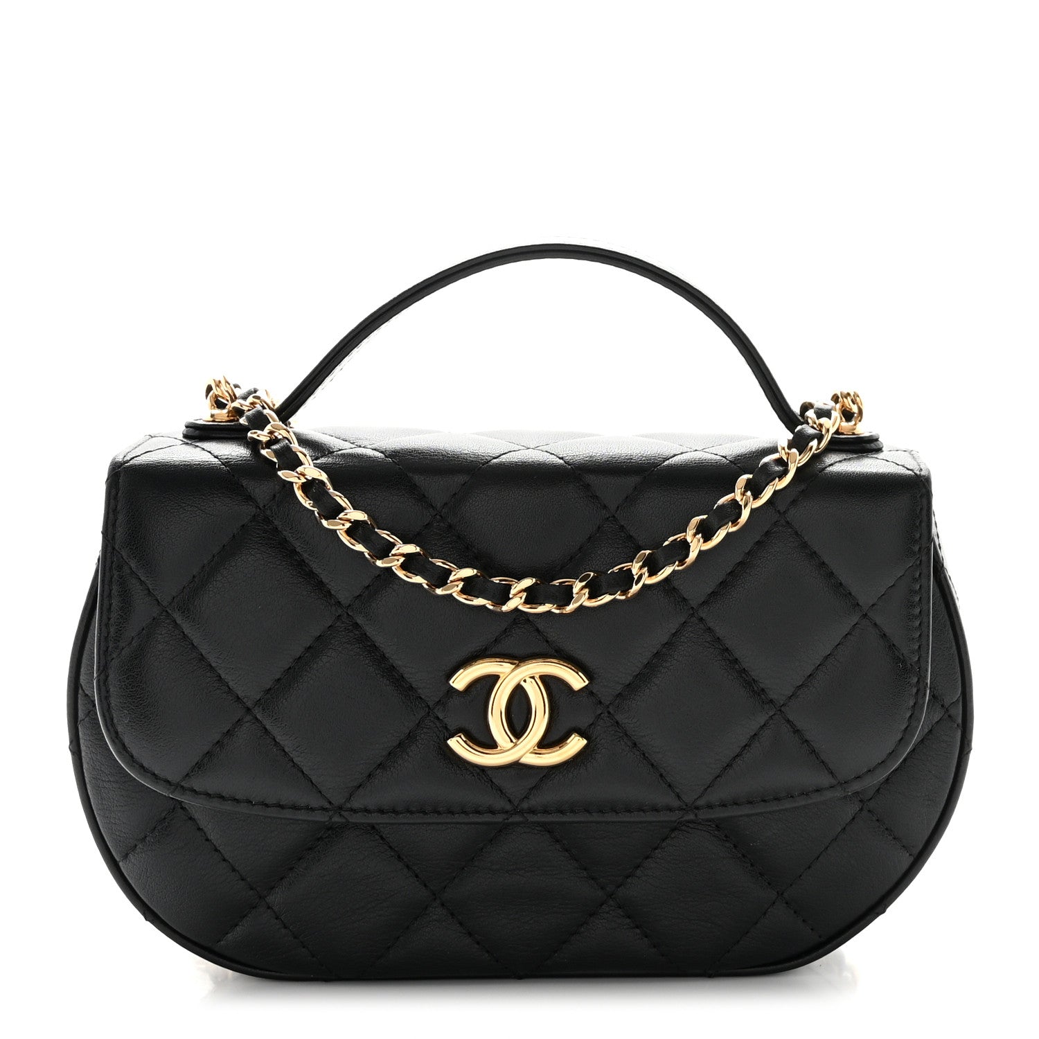 Chanel Shiny Aged Calfskin Quilted Top Handle Clutch With Chain Black 1 of 11