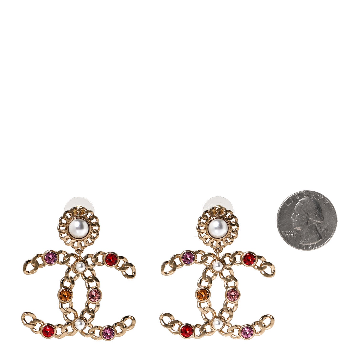 Chanel Pearl Crystal Chain Link CC Drop Earrings Gold Red Pink Yellow 2 of 6