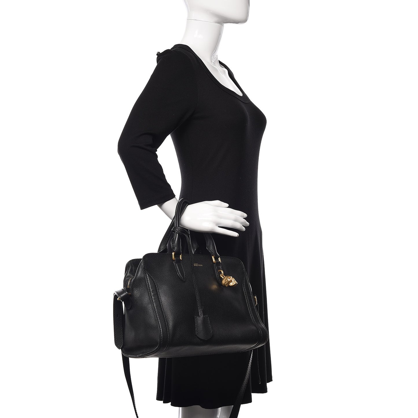 Pebbled Calfskin Small Skull Padlock Zip Around Tote Black